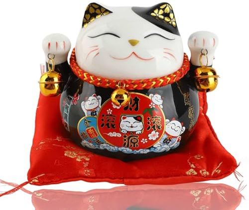 Glückskatzen-Spardose, Keramik-Maneki-Neko-Glückskatzen-Sparschwein mit Glocken, Feng Shui,Winkekatze Sparschwein,Süße Reichtumskatze für Geschenk, Schreibtisch, Spielzeug Dekoration(Black)