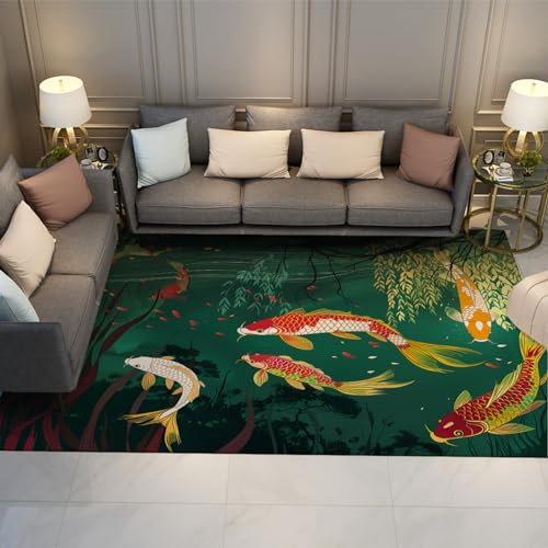 BYLEEHOMED Koi-Teich-Teppich oder Feng Shui Eingangsbereich-Koi-Fisch-Teppich rutschfeste Teppiche für Schlafzimmer Dunkelgrüner Flachflor-Teppich 120x180cm