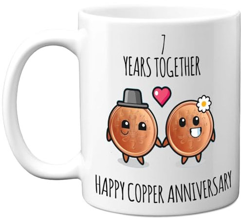 7th Anniversary Mug Gift for Men Women - 7 Years Together - Happy Copper Anniversary Wedding for Husband Wife Mum Dad Brother Sister, 11oz Ceramic Coffee Mugs Gifts