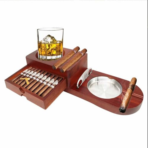 Posacenere per sigari Sottobicchiere Vassoio in vetro per whisky e portacenere in legno con tagliasigari, Gadget per sigari portatili impermeabili e resistenti al calore, durevoli e facili da pulire,
