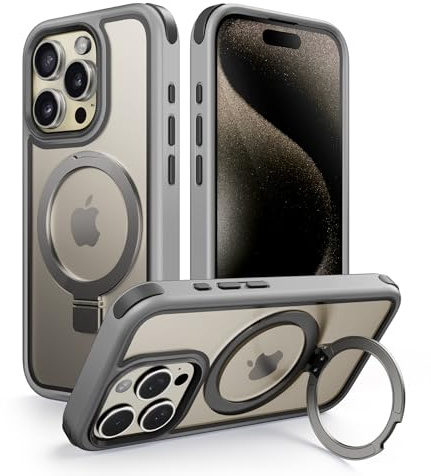 MobNano Cover per iPhone 15 Pro Max [Compatibile MagSafe] - Custodia Posteriore Trasparente con Supporto Magnetico Invisibile, Protezione Rinforzata Anti-Graffi & Anti-Impronta - Grigio/Nero | Compatibile con MagSafe