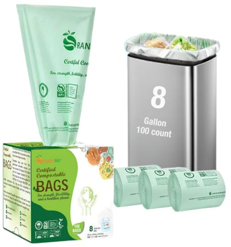 OrangeBio 6-8 Gallon Compostable Trash Bags, 100 Count, Kitchen Food Waste & Compost Bin Liners, Plant-Based Garbage Bags, BPI ASTM D6400 & TÜV OK Compost Home Certified