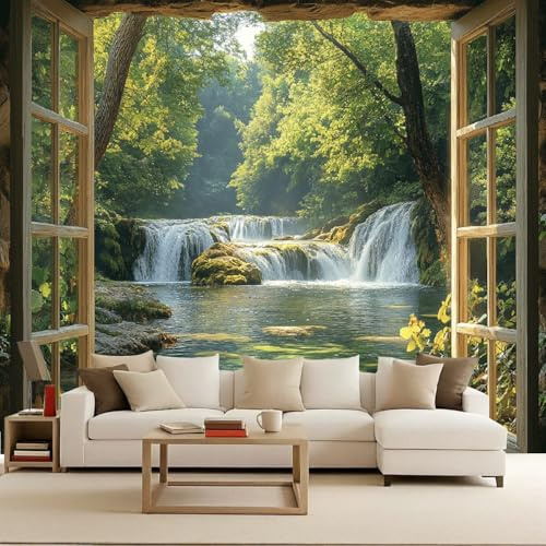 Vlies Fototapete 3D Effekt Grün Wald Wasserfall, Tapete Fenster Landschaft, Matt Vliestapete Wasserdicht Wandtapete, Tapeten Geeignet für Schlafzimmer Kinderzimmer Wohnzimmer Wand Deko 400x280 cm