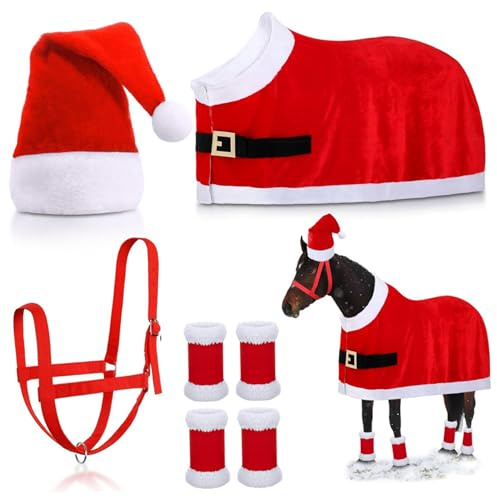 Kostüme für Pferde zum Tragen Rotes Pferdekostüm mit Weihnachtsmütze, Beinwickel, Sattel und Halfter für Winterferien, Partyparaden, Kostüme, Pferdesattelkostüm, Weihnachtsmütze, Beinwickel.