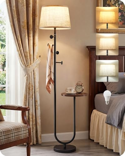 GOEBLESON Floor Lamp with Table, Dimmable Floor Lamp for Living Room | Standard Lamp Included Bulb with 3 Color Temperatures, Coat Rack, Memory Function, Corner Lamp with table for Bedroom, Office