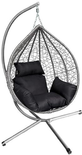 Garden Swing Egg Chair Seat Rattan Hanging Hammock with Cushions Stand Outdoor Indoor Furniture (Grey Egg Chair & Black Cushion-Four cornered)