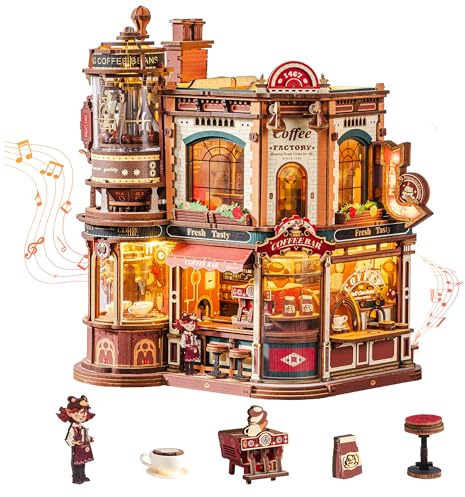 ROKR Dream Coffee Factory EAB02 Casa de Muñecas Miniatura DIY con Caja de Música para Adultos, Modelo de Fábrica de Café Mecánico con Piezas Móviles, Iluminación LED y Música Jazz, Regalo Creativo