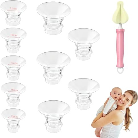 Flange Inserts for Breast Pump, 11-Piece Flange Sizing Kit with Nipple Brush, Breast Pump Flange Insert Set with 13mm, 15mm, 17mm, 19mm, 21mm Sizes, Adjustable Fit for Various Nipple Sizes During Pump