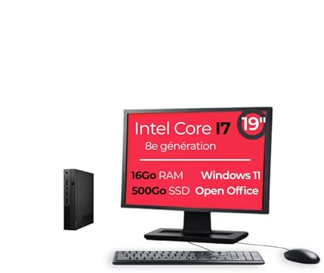 Mini PC Intel Core i7-8700T 16Go RAM 500Go SSD Windows 11 Pro WiFi avec Écran 19 Pouces OpenOffice (Reconditionné) (I7-8700T, 19)