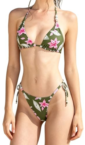 APGLSXY Tvådelad blommönster Trikini baddräkt set justerbar hals rygg knytning halterneck badkläder för strand semester snygg baddräkt