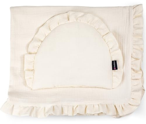 PinkZebra GOTS Musselin-Bettwäsche mit Rüschen für Babys, Set Babybettwäsche: weiches Flachkissen + 4-lagige Decke aus 100% Bio-Baumwolle, Kuscheldecke, Schlafdecke, Creme 2