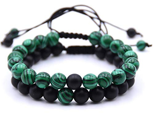 Belons Pulsera de distancia de 8 mm, malaquita verde y ágata negra mate, piedras energéticas, pulseras de cuentas trenzadas de macramé, tamaño ajustable