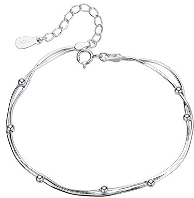 Bo&Pao Kugel Armband Damen 925 Sterling Silber, Doppel Kette Armkettchen mit Kugel, 20,5 cm verstellbar