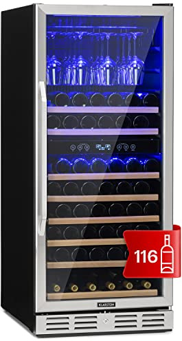 KLARSTEIN Vinoteca para Vinos, de 306L Nevera Vino Zona Doble, Botellas Vino, Proseco y Cervezas, Vinoteca Pequeña Puerta Cristal para Interior y Exterior, Nevera Vinos Capacidad 116 Botellas
