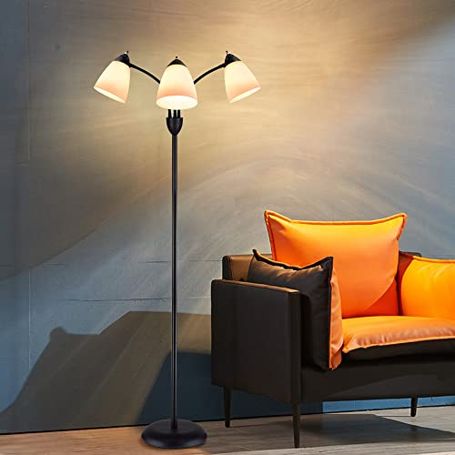 Depuley Lampadaire LED avec 3 ampoules - Lampe sur pied moderne pour salon, viintage - Noir - Avec interrupteur à bascule - Support de lampe rotatif à 360 ° - Rétro pour bureau, canapé, studio