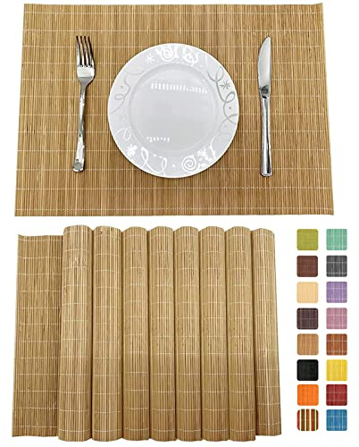 ANDSTAR Set of 8 Pcs Bamboo Placemats Sushi Rolling Mat Japanese Style Natural Anti-Slip, Washable Heat-Resistant Table Mats for Dining Room and Kitchen（Brown）