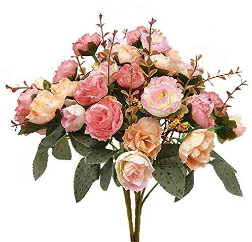 GOIYZTTR 2 Ramo de Rosas Artificiales Rosa, Rosa de Seda Realistas Flores Secas Decoracion para Boda Fiesta Jardín Decoración