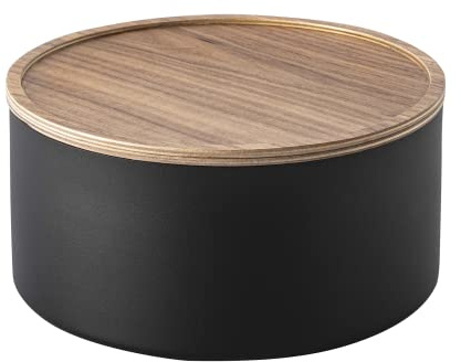 YAMAZAKI 5802 RIN Storage Case with Lid Round Deep, black, Steel/Wood, 22 x 22 x 11 cm