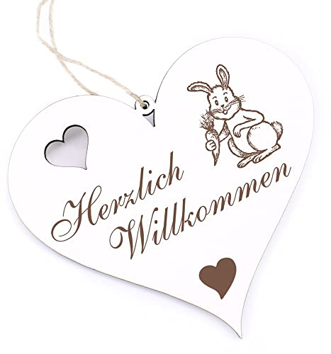Herzlich Willkommen Schild - Hase mit Möhre - Deko Herz Holz Willkommensschild Türschild Dekoschild Türdeko