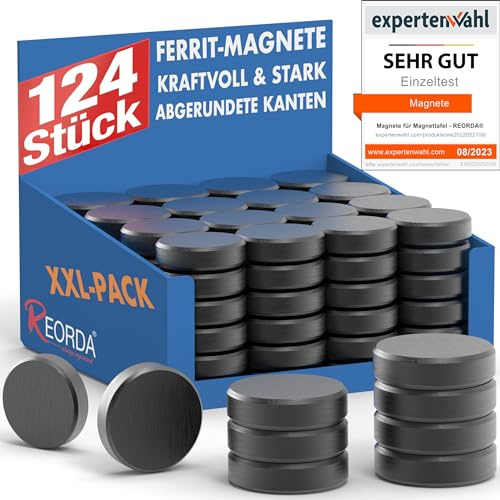 REORDA Magnete für Magnettafel – 124x Stück für Whiteboard, Pinnwand, als Kühlschrankmagnete & Tafelmagnete haftend, Magnete rund - Schwarz