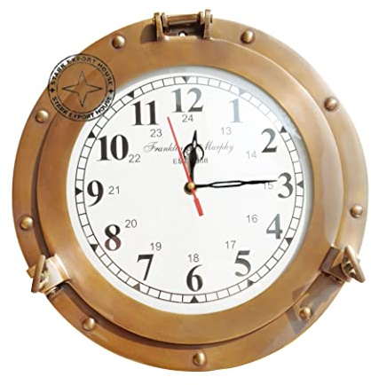 Stark Export House Antique Solid Brass Nautical Navigation Marine Brass Porthole Clock Brass Wall Mounted Clock 12 Inch Best for Gift Home Office College Marriage Anniversary (N C T)