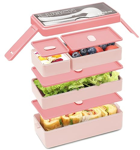 Bugucat Lunch Box 1450 ML, Double Stackable Bento Box Container Meal Prep Containe w/ Cutlery, 3 Tier & 4 Compartment Design Food Containers Lunch Snacks,Lunch Box Adults & kids BPA-Free, 1450ml-pink