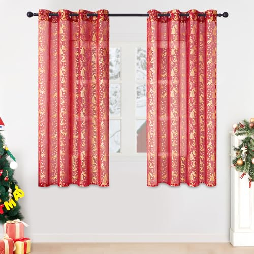 MRTREES Tende Natalizie Corte Rosse Tenda Moderne per Soggiorno 2 Pezzi Tenda Semioscurante con Occhielli,Tenda con Motivo Albero di Natale dorato140 X 137 cm