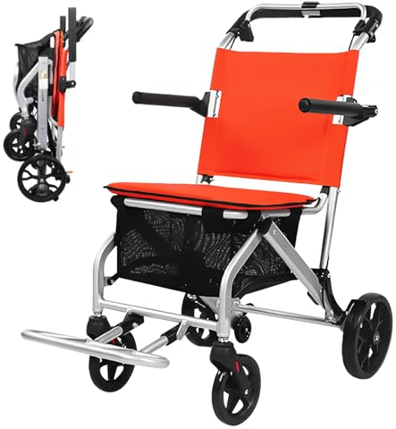 GHBXJX Ultraleicht Rollstuhl Faltbar Leicht Aluminium Reiserollstuhl, Rollstühle mit Handbremse und Einkaufskorb, Transportrollstühle für Behinderte und ältere Menschen, Orange