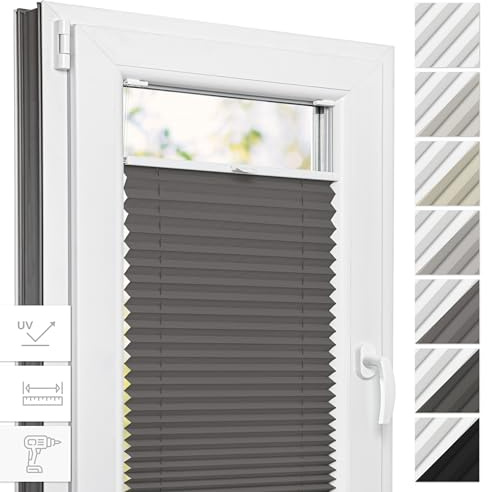 Estika Thermo-Plissee mit Bohren - 75 cm x 180 cm - Farbe: Grau - Plissee Blickdicht, Fensterrollos für innen, Verdunkelungsplissee, Rollos für Fenster