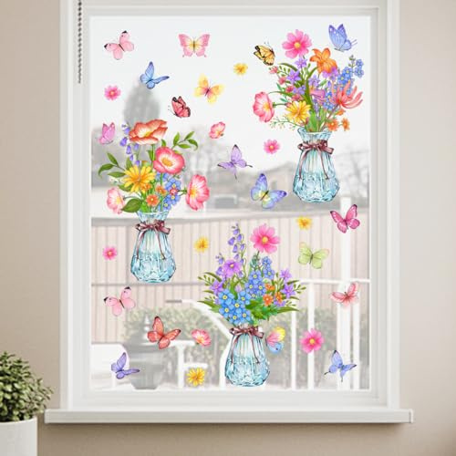 Runtoo Fensteraufkleber Blumen Frühling Topfpflanze Fenster Abziehbilder Pflanzen Blätter Fensterfolie Glas Fensterdeko Aufkleber