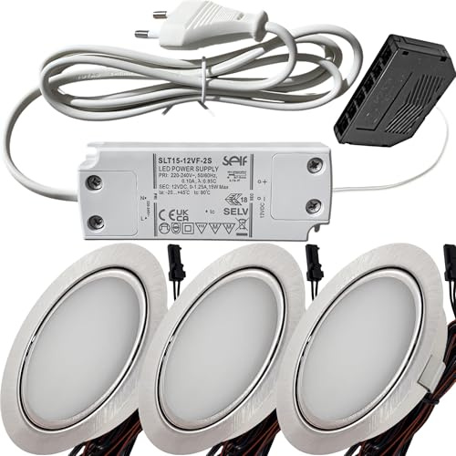 Lichtfaktor24 LED Möbeleinbaustrahler 12V ultra flach 3 x 3W Einbauleuchten Emilia 180lm mit LED Trafo und Mini Verteiler 3000K Warmweiß Lochausschnitt: 55 bis 60mm