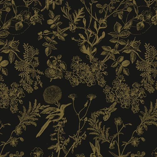 Yomshi Självhäftande tapet svart guld blommor och fåglar möbelfolie 44 × 300 cm vintage tapet självhäftande vinyl självhäftande film blommor och blad tapet för vägg möbler