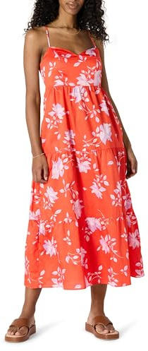 Amazon Essentials Vestido Largo Escalonado de Satén de Algodón con Corte Evasé, Cintura Imperio y Escote Corazón Mujer