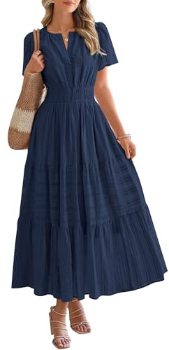 BTFBM Womens Summer 2026 Casual Midi Maxi Dresses Lightweight Short Sleeve V Neck Elastic Waist Boho Beach Dress Pockets(Navy, Small)