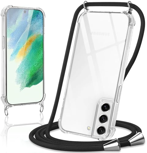 Coiwxmoi Handykette Handyhülle für Samsung Galaxy S21 FE 5G Hülle mit Band 6.4,Transparent Case mit Kette Abnehmbar zum Umhängen Kordel Schutzhülle,Weich Silikon TPU Stoßfest Cover,Schwarz