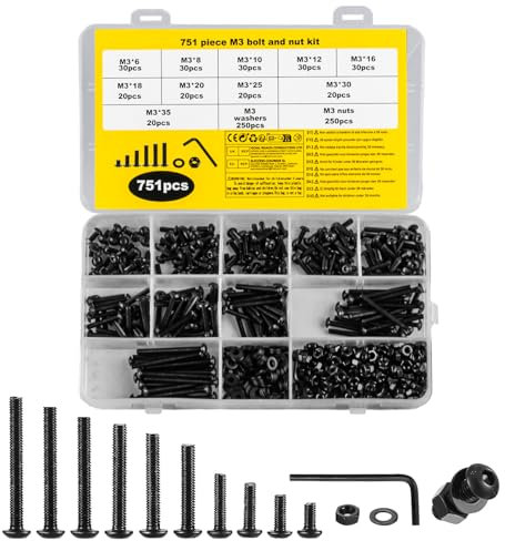 751 Pièces Vis M3, Vis à Tête Bombée à Six Pans Creux avec écrous, Boulons a Tête Cylindrique à Tete Hexagonale avec Écrous Rondelles Set, Assortiment de Boutons a Six Pans Creux, Noires + Clés