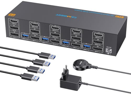 KVM Switch 3 Monitors 4 Computers 4K@144Hz 8K@60Hz, Triple Monitor KVM Switch HDMI 2.1 and Displayport 1.4 for 4 Computer Share 3 Monitor and 4 USB 3.0 Ports, 8K KVM Switches with Wired Remote