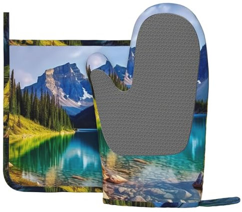 Lot de 2 maniques et maniques en silicone résistant à la chaleur Motif paysage de lac Montagne