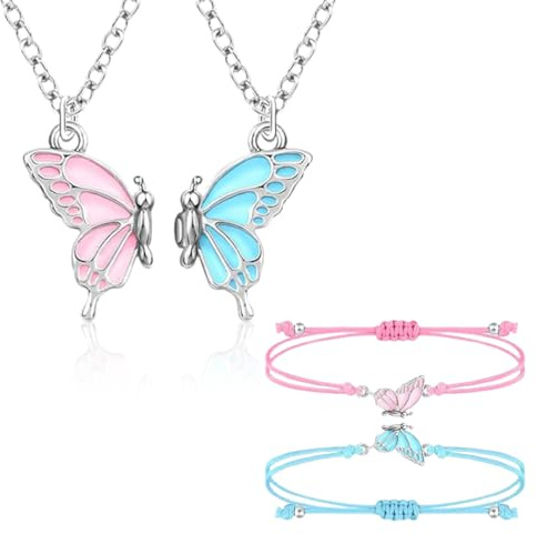 HYRKOTW Ensemble de colliers et pendentifs d'amitié, collier d'amitié 2 pièces + bracelet d'amitié 2 pièces, collier BFF, joli collier d'amitié papillon pour anniversaire de garçons et de filles