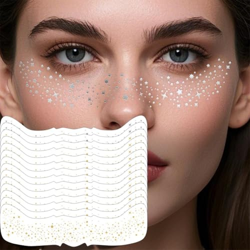 14PCS Glitter Fake Freckles Face Tattoo, Gold & Silver Face Sparkle Makeup Patches, Glow Up Temporary Face Tattoo, Face Glitter Speckles Patches, Waterproof Freckles Tattoo Sticker for Women Makeup