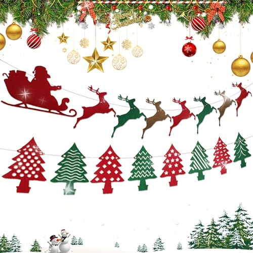 Christmas Decorations Hanging Bunting Garland Xmas Hanging Paper Banners | Bunting Garland for Xmas Window Fireplace Office Decoration