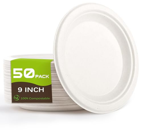 Einwegteller x 50 Stück, Einweggeschirr 100% Kompostierbar,Biologisch Abbaubare Papierteller Rund aus Zuckerrohrfasern,Pappteller für Party,Camping,Feiern,Geburtstage und Picknick (Weiß 22.8CM)