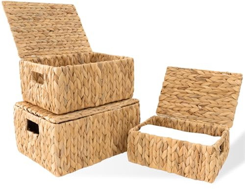 GRUGOODS Lot de 3 paniers de rangement rectangulaires en osier avec couvercle 35,5 cm D x 35,5 cm l x 18 cm H Paniers tissés à la main en jacinthe d'eau naturelle avec poignées intégrées Grande boîte