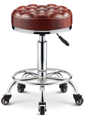 Tabouret Bureau Reglable en Hauteur 42-55cm Coussin en Forme de Pain en PU, Tabouret Esthetique avec Roulettes et Repose-pieds, pour Coiffure, Massage, Spa(Red)