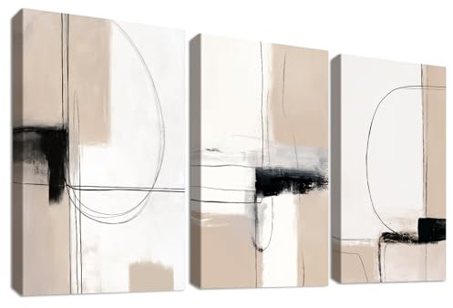 3 Pcs Marco de madera Cuadro Moderno Líneas Geométricas Abstracto Lienzo Decorativos Pintura Imagen Póster Beige Caqui Negro Minimalista Cuadros Decoracion Salon Dormitorio Comedor 30cmx40cmx3