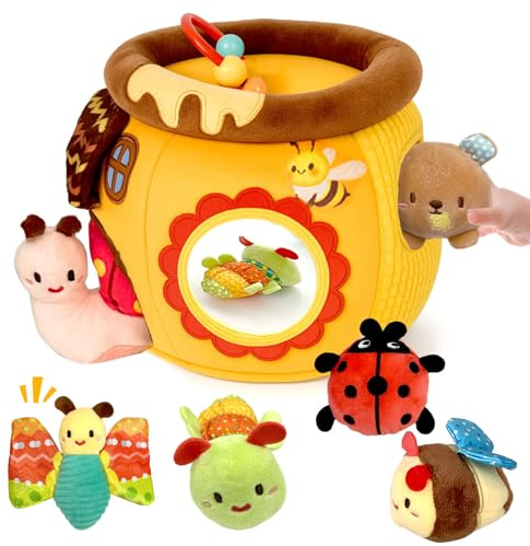 Toynificent Jouet Bebe 6 Mois, Peluche Bebe Pot de Miel, Jouet Montessori avec Grange, Hochets, Miroirs, Jeux Sensoriel pour Bebes Enfant Garçon Fille