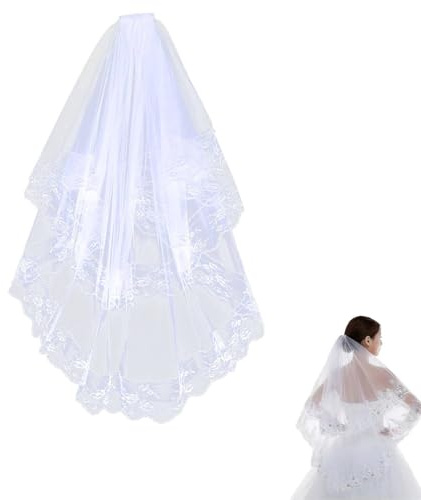 Agatige 2 Tier Spitze Hochzeit Brautschleier, exquisite elegante glänzende Glitzer -Pailletten Braut Haare Accessoies Brauttüll mit Kamm für Frauen