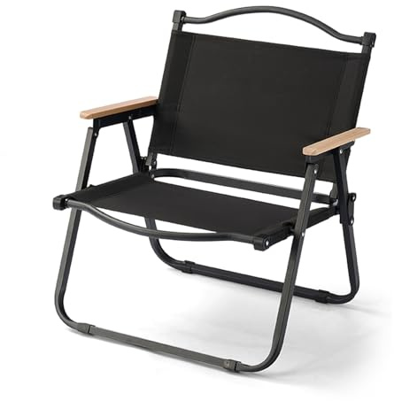 Silla de camping plegable portátil y ligera, no requiere montaje, madera de haya, ideal para senderismo, picnic, pesca, caza, césped, color negro, tamaño grande