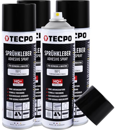TECPO 1K Sprühkleber 4x 500ml Spray Kleber für Schaumstoff, Wolkenhimmel und Akustikpaneele Klebespray transparent bis 110°C Hitzebeständig