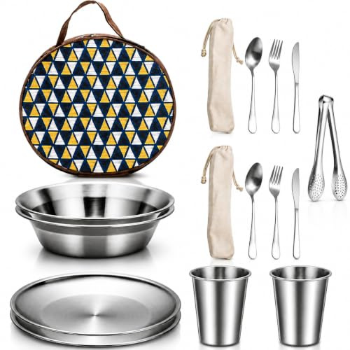 EAAGHK Campingbesteck Set 2 Person, 15 Stück Edelstahl Besteck mit Etui Messer Gabel Löffel Teller Kaffeebecher und Grillzange, Camping Besteck Set Campinggeschirr für Camping, Wandern und Picknicks
